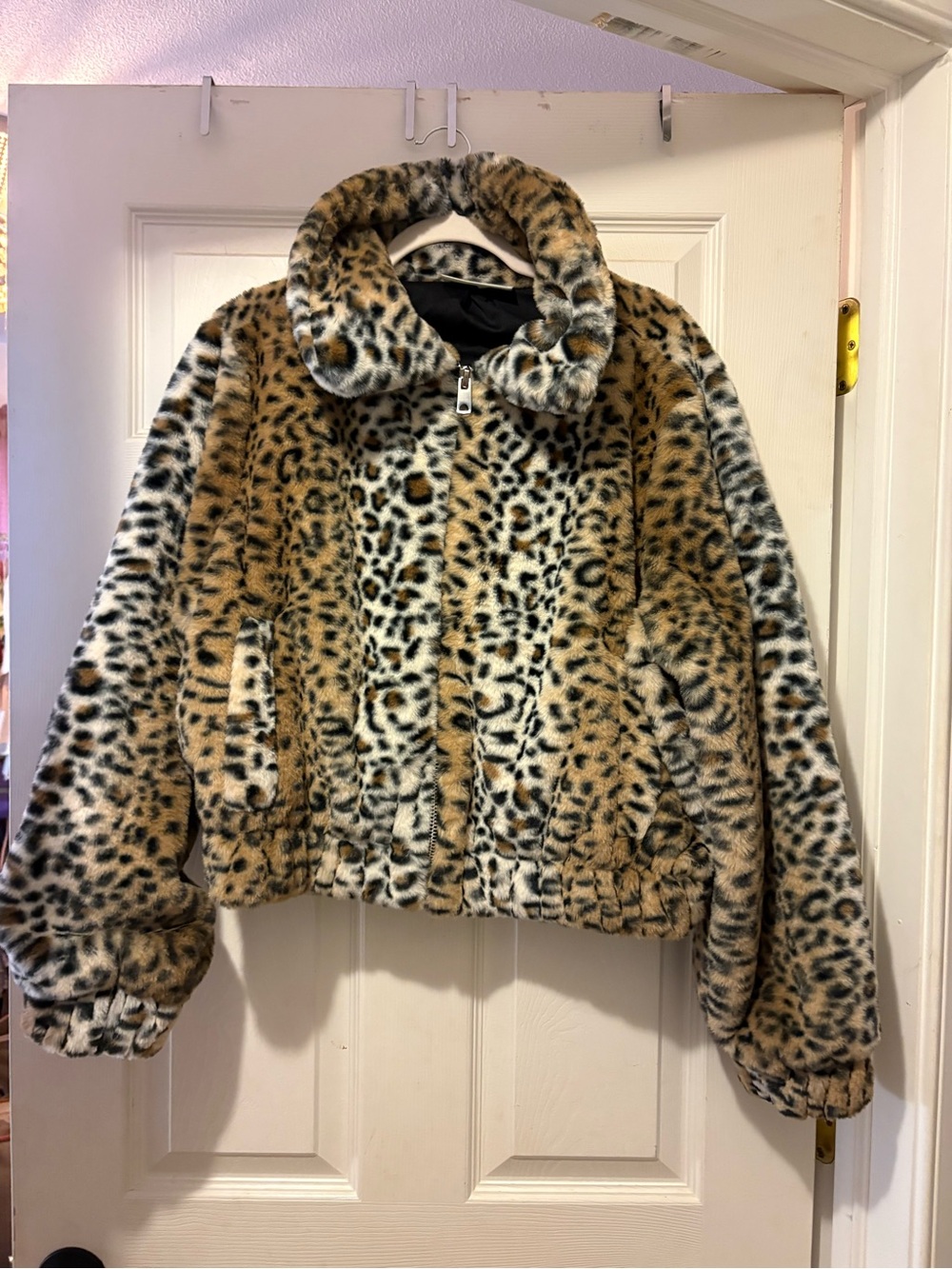 No Boundaries Leopard-Print Faux Fur Jacket in Tan and Black
